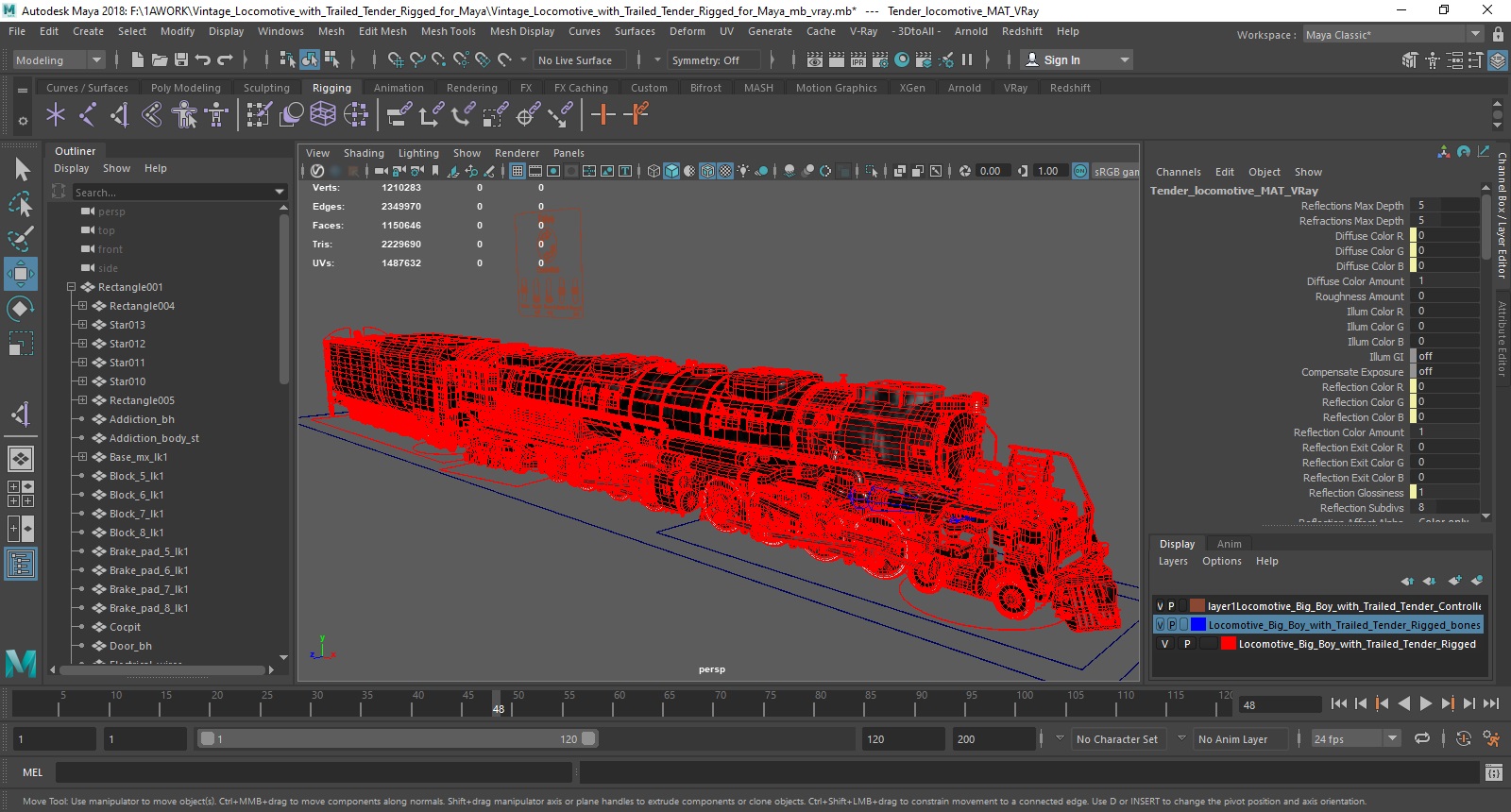 Vintage Locomotive with Trailed Tender Rigged for Maya 3D model