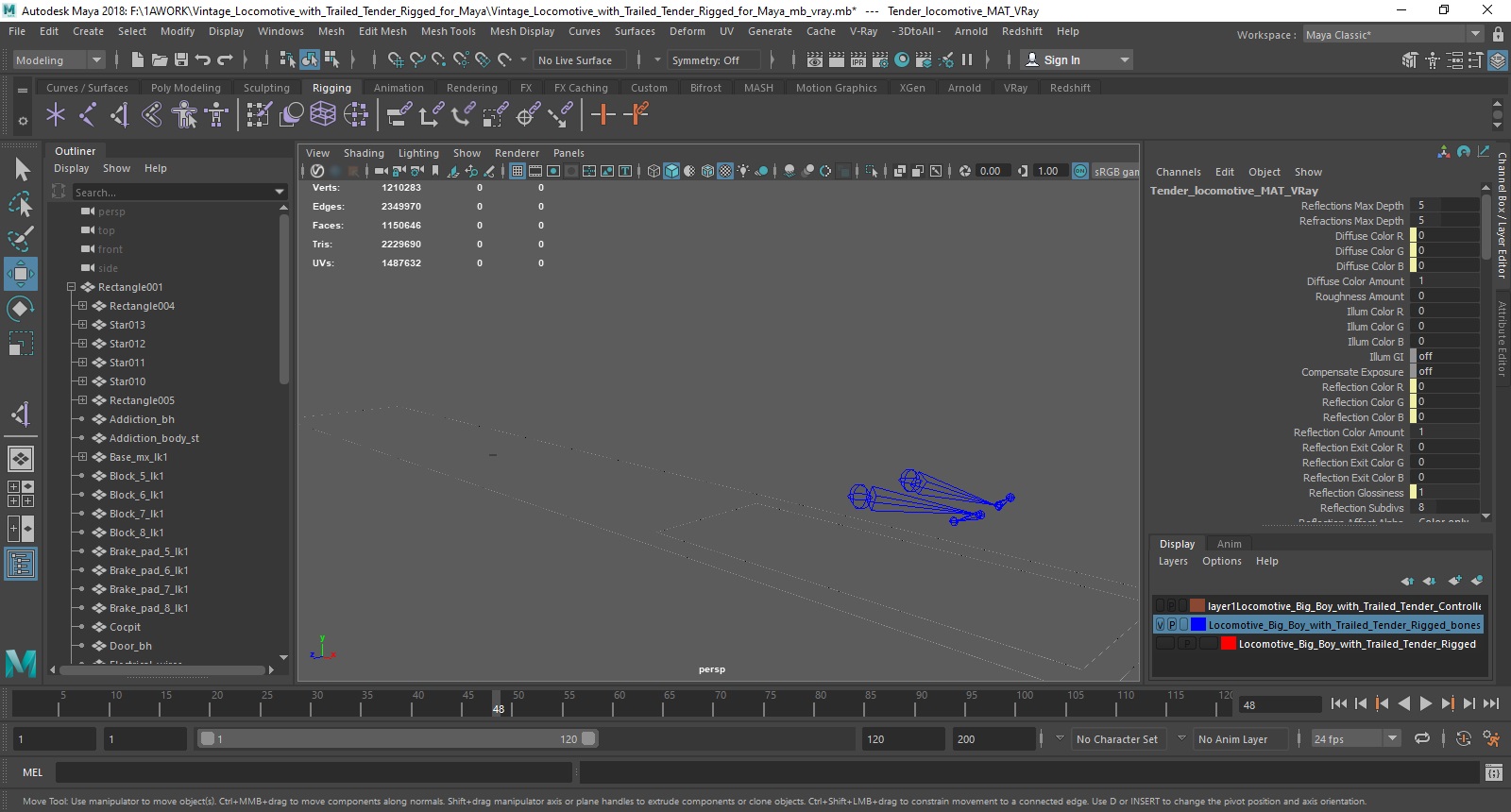 Vintage Locomotive with Trailed Tender Rigged for Maya 3D model