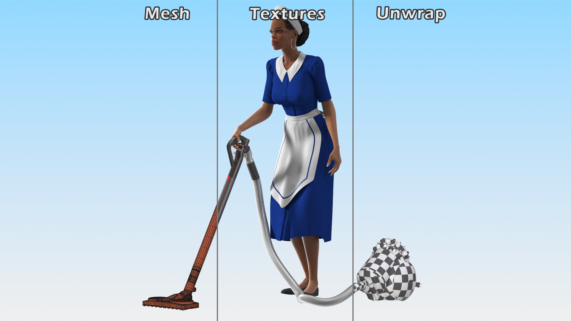 Light Skin Black Maid with Dyson Big Ball Vacuum Cleaner Rigged for Cinema 4D 3D