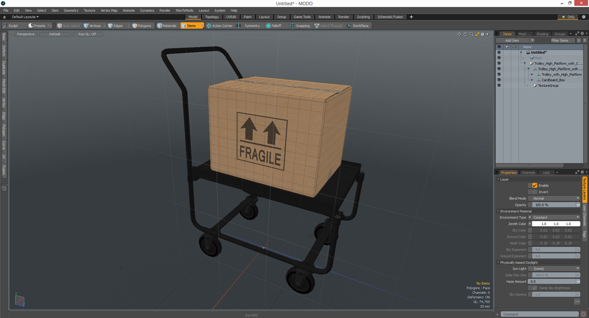 Trolley High Platform with Cardboard Boxes 3D