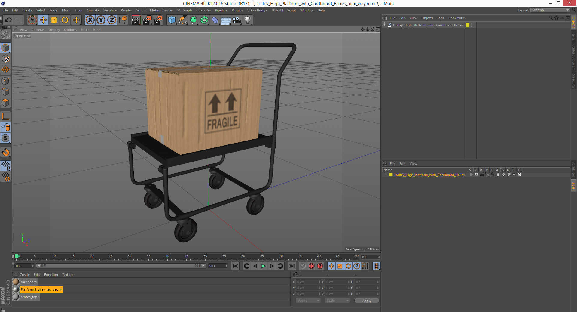 Trolley High Platform with Cardboard Boxes 3D