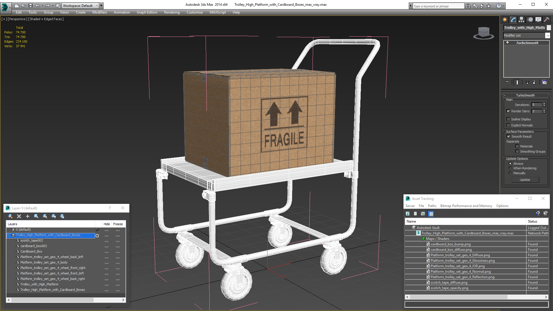 Trolley High Platform with Cardboard Boxes 3D