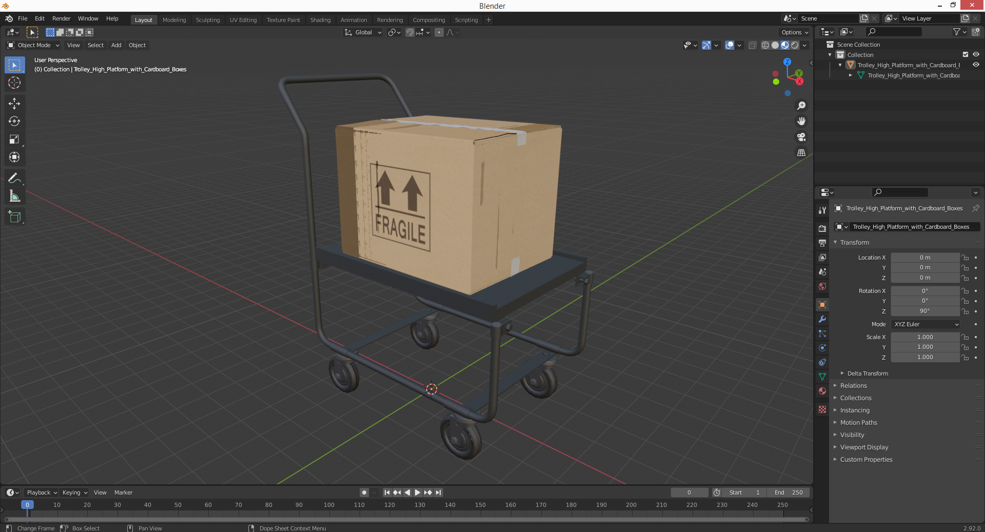 Trolley High Platform with Cardboard Boxes 3D