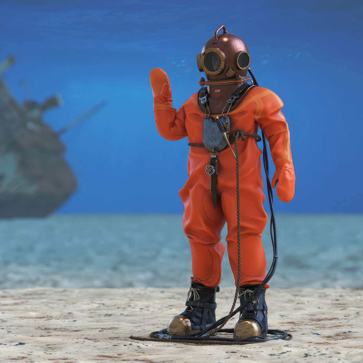 3D model Vintage Maritime Diving Suit Rigged