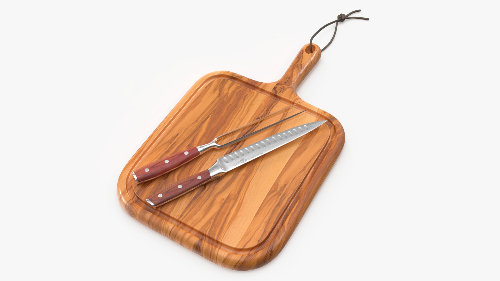 Carving Knife and Fork Set on Steak Serving Board 3D model