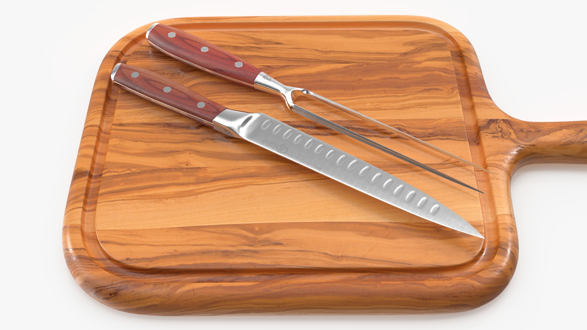 Carving Knife and Fork Set on Steak Serving Board 3D model