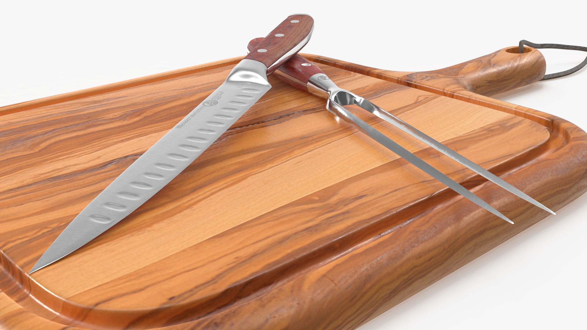 Carving Knife and Fork Set on Steak Serving Board 3D model