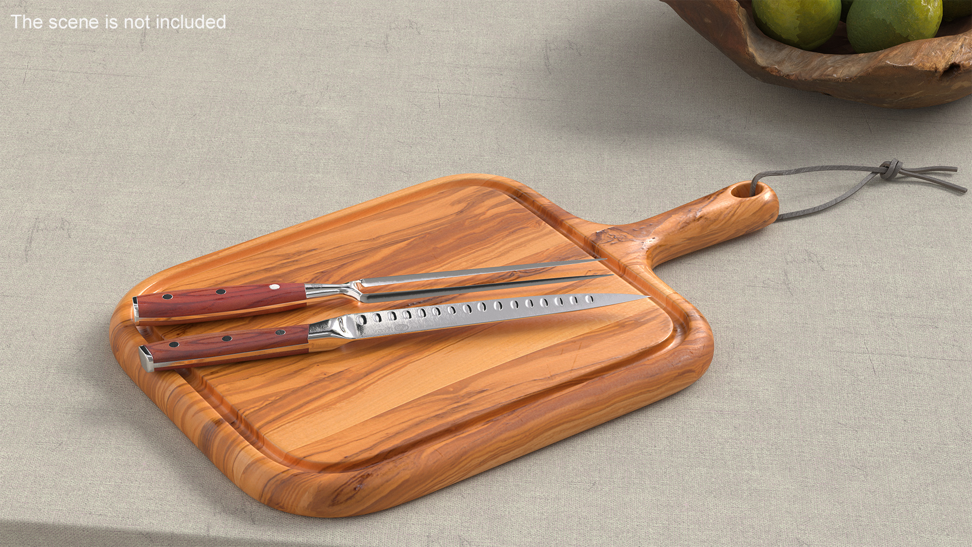 Carving Knife and Fork Set on Steak Serving Board 3D model