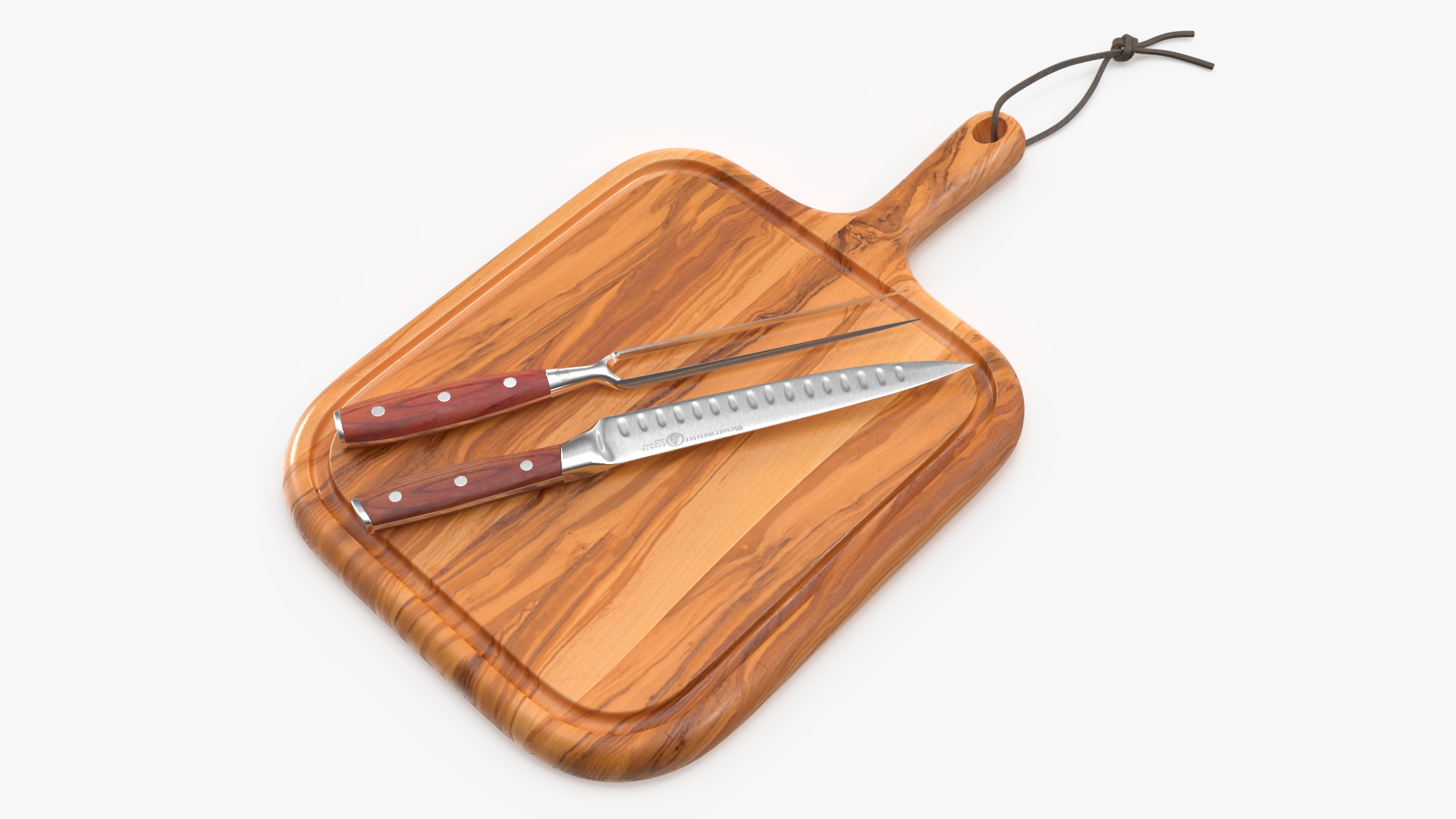 Carving Knife and Fork Set on Steak Serving Board 3D model