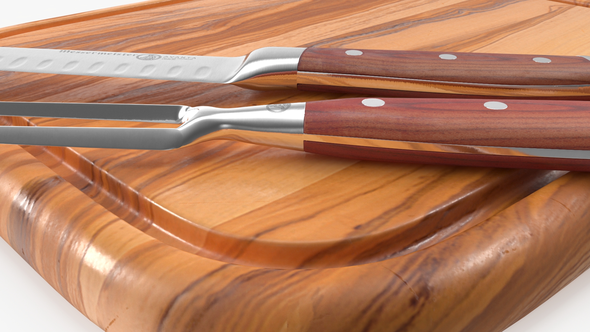 Carving Knife and Fork Set on Steak Serving Board 3D model
