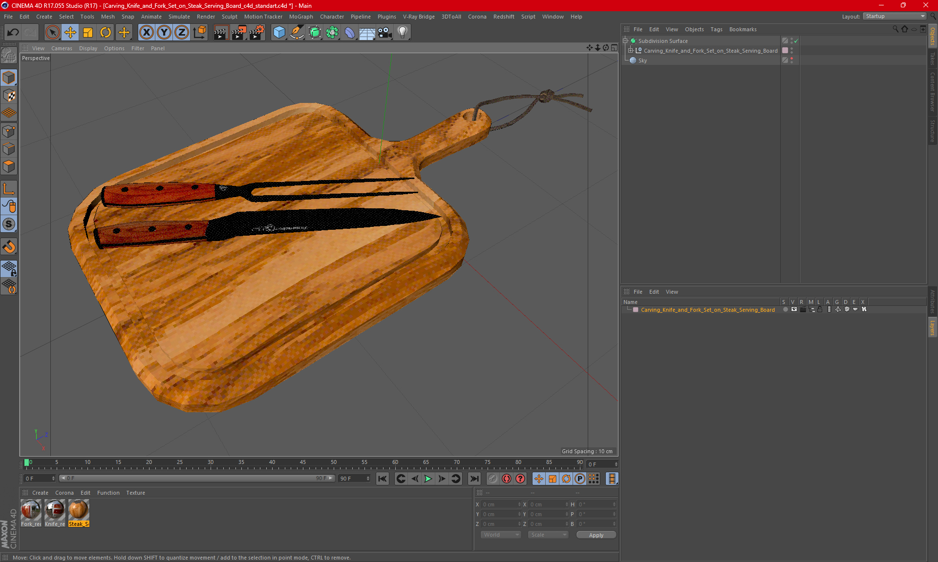 Carving Knife and Fork Set on Steak Serving Board 3D model