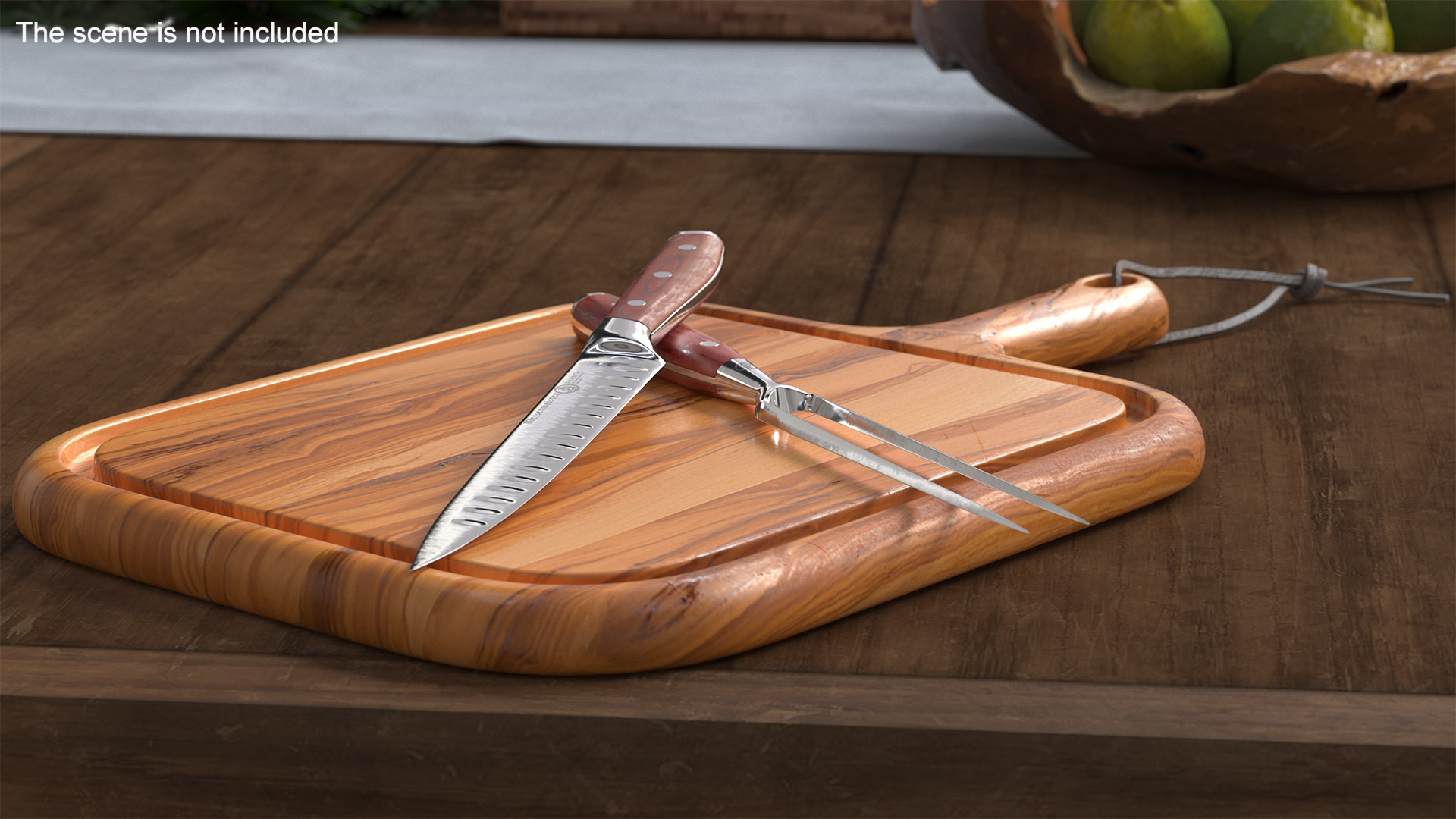 Carving Knife and Fork Set on Steak Serving Board 3D model