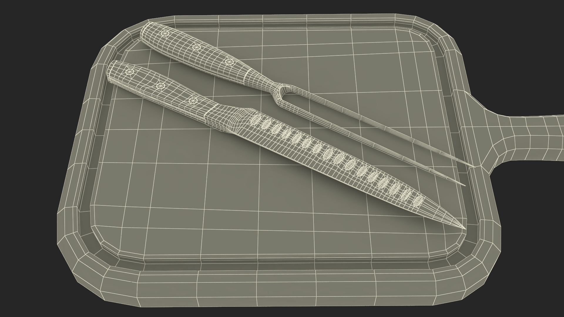 Carving Knife and Fork Set on Steak Serving Board 3D model