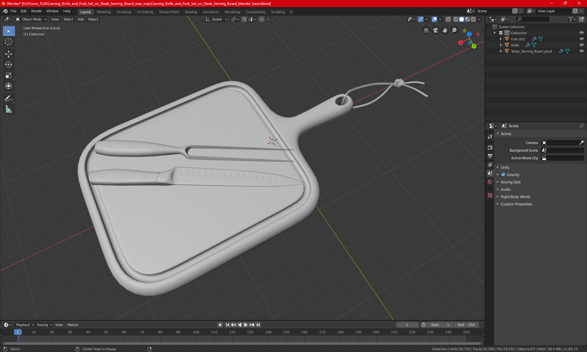 Carving Knife and Fork Set on Steak Serving Board 3D model