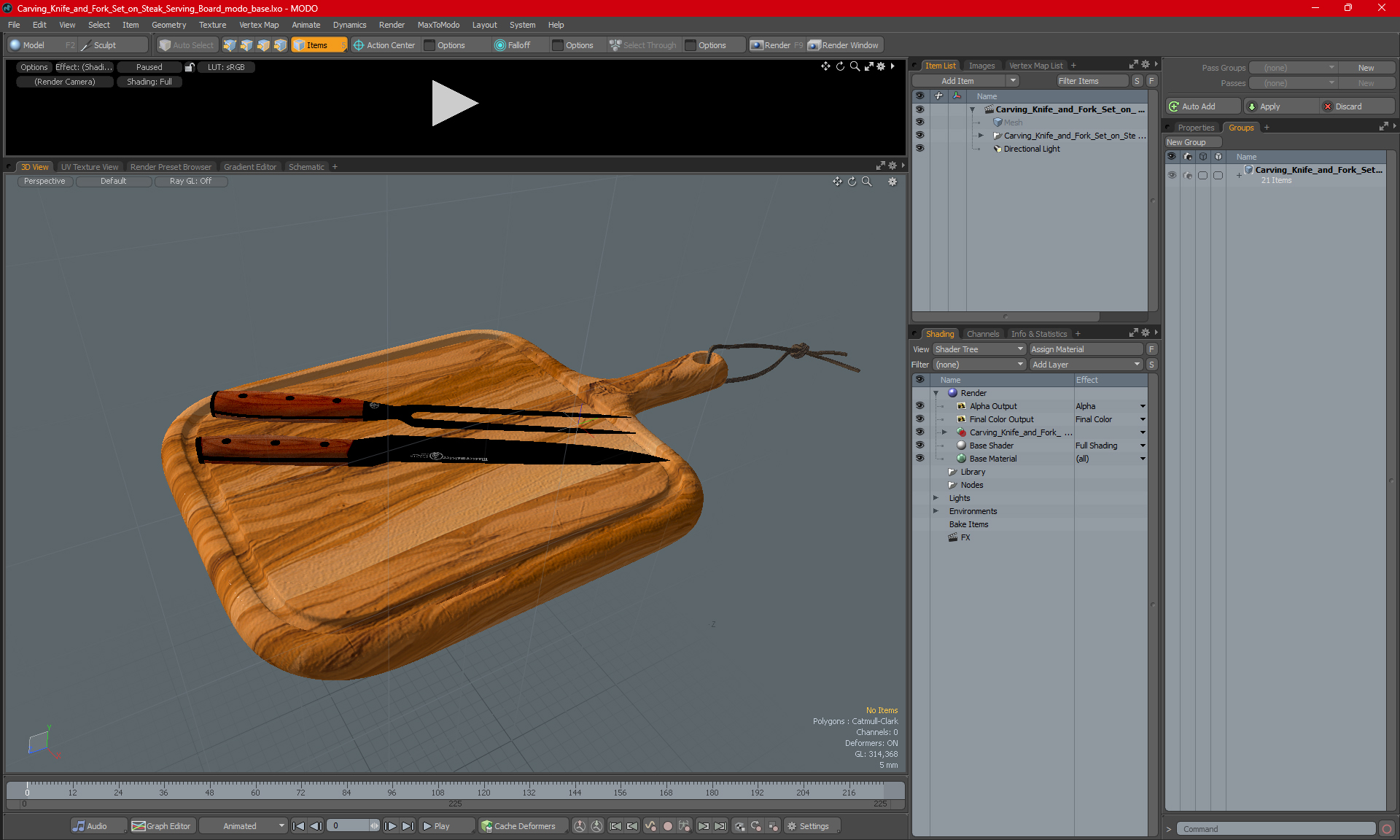 Carving Knife and Fork Set on Steak Serving Board 3D model