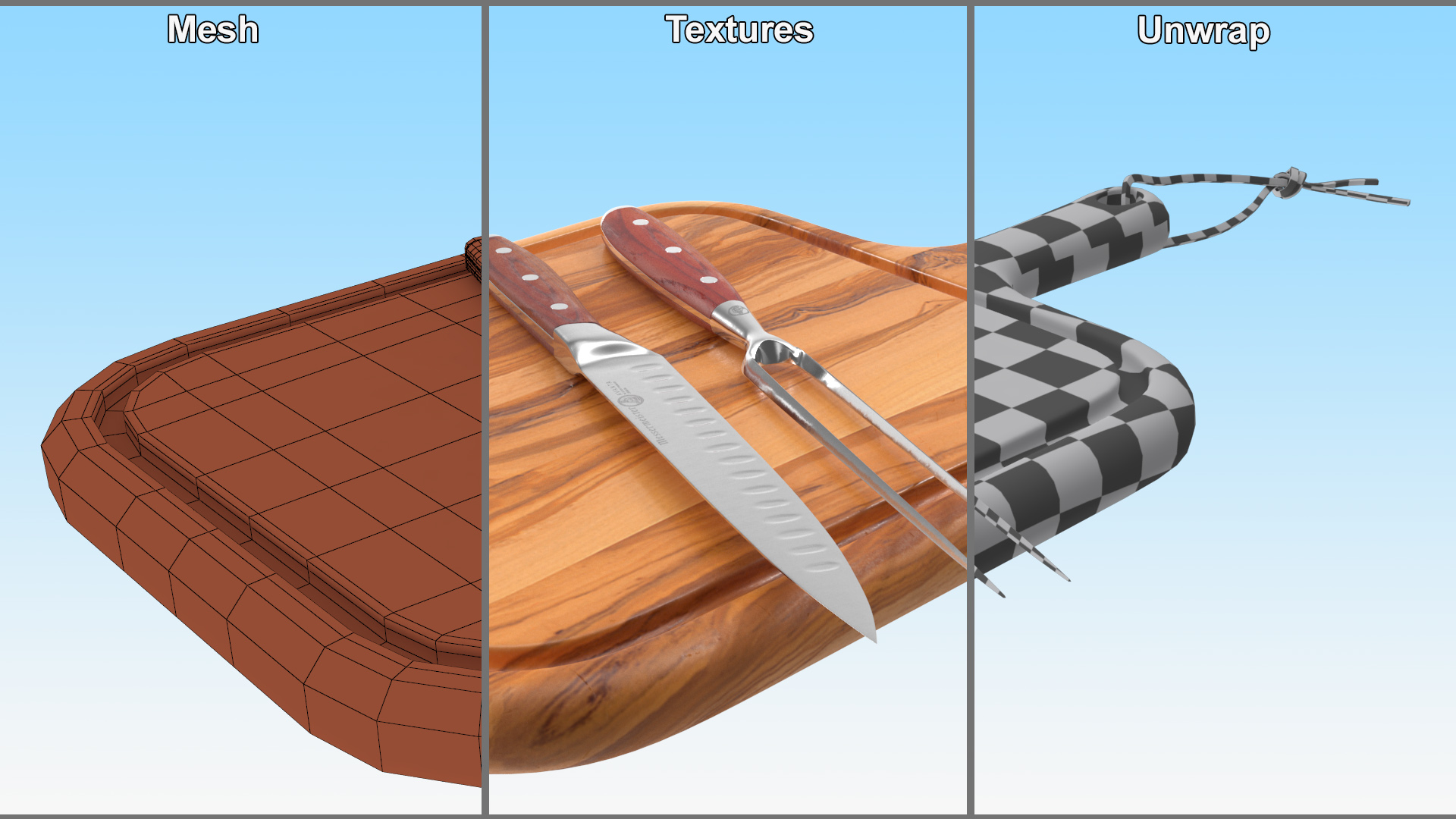Carving Knife and Fork Set on Steak Serving Board 3D model