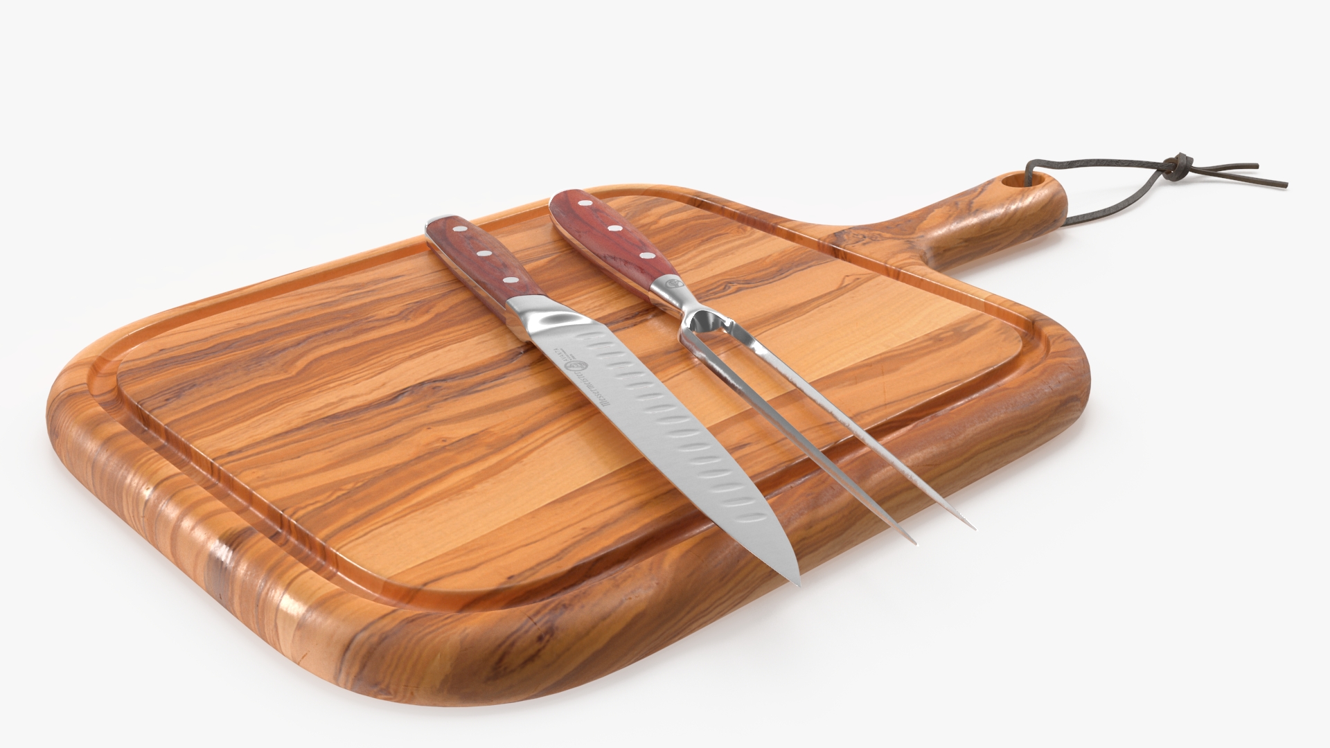 Carving Knife and Fork Set on Steak Serving Board 3D model
