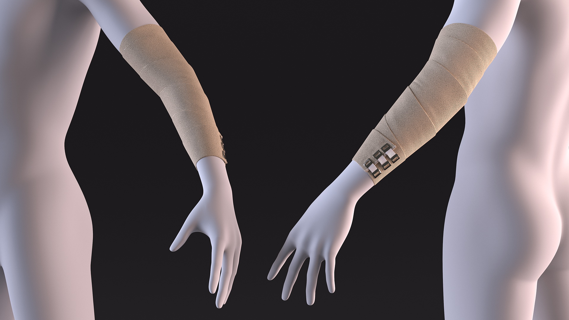 3D Elastic Bandage Beige with Clamps Wrapped Around Hand on Mannequin