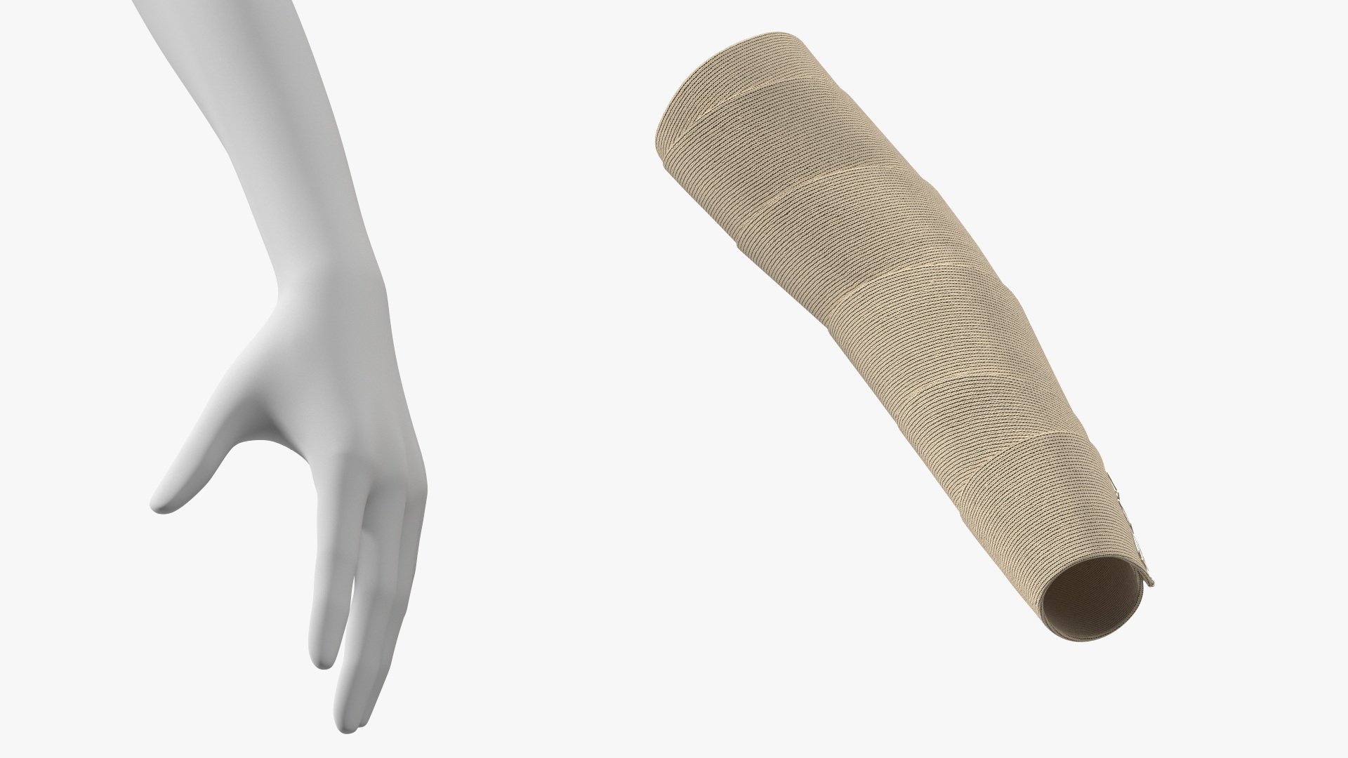 3D Elastic Bandage Beige with Clamps Wrapped Around Hand on Mannequin