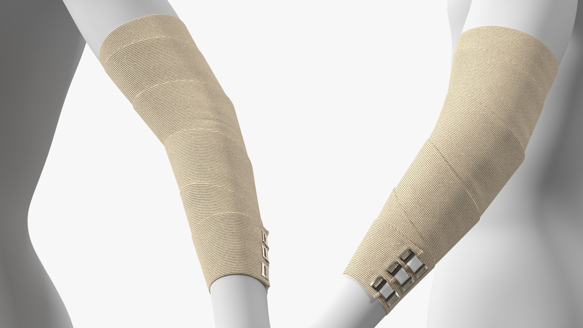 3D Elastic Bandage Beige with Clamps Wrapped Around Hand on Mannequin