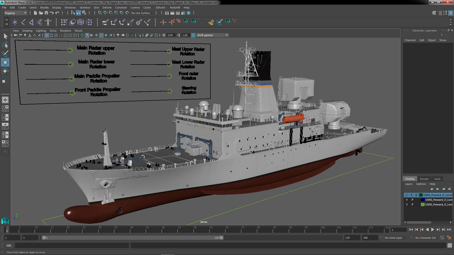 3D USNS Howard O Lorenzen Ship Rigged for Maya model