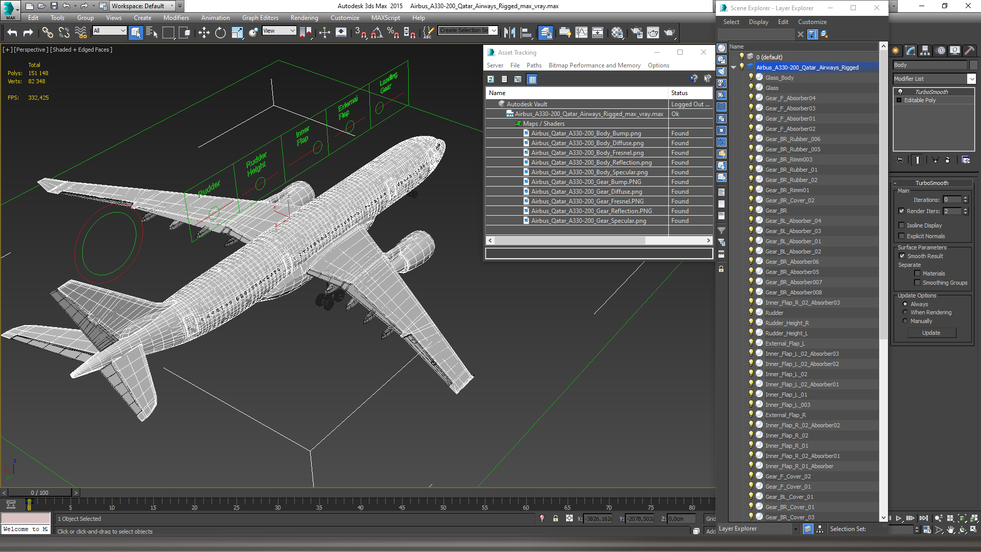 3D model Airbus A330-200 Qatar Airways Rigged for Maya