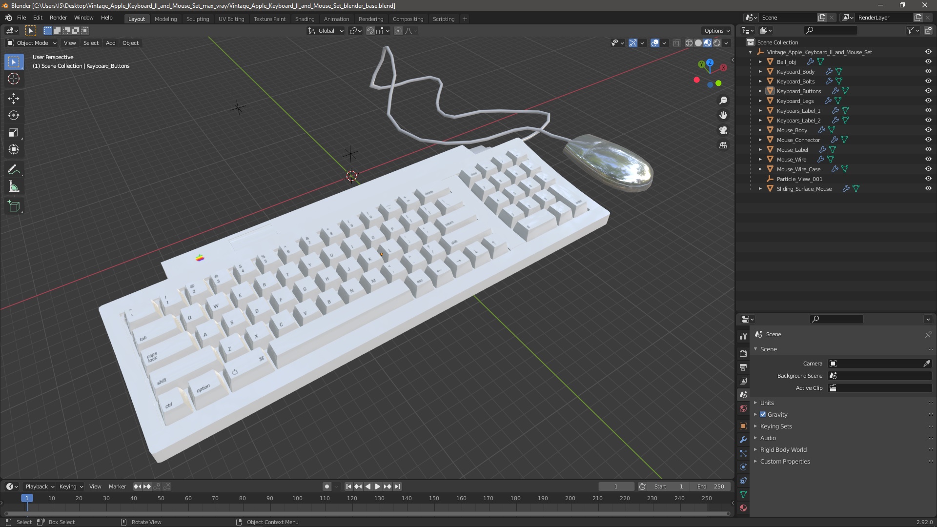 Vintage Apple Keyboard II and Mouse Set 3D model