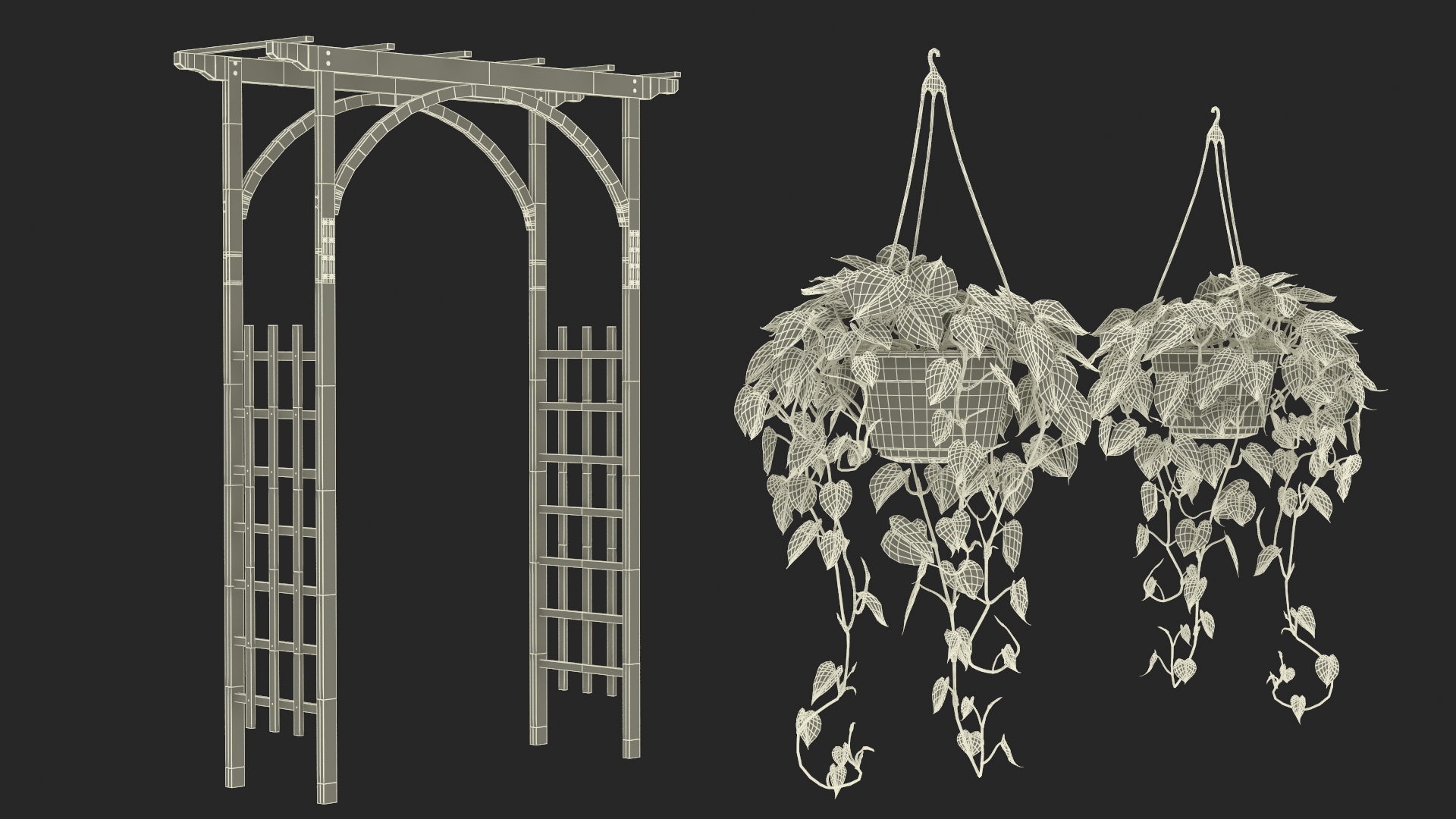 3D Garden Arch Trellis with Climbing Plants in Hanging Pots