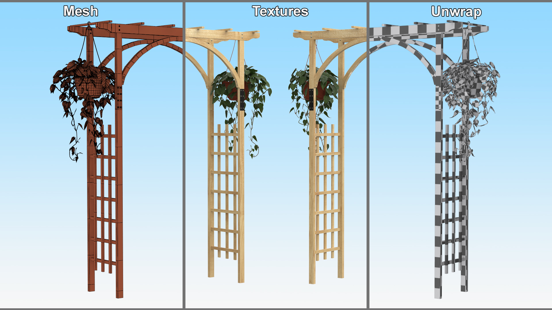 3D Garden Arch Trellis with Climbing Plants in Hanging Pots