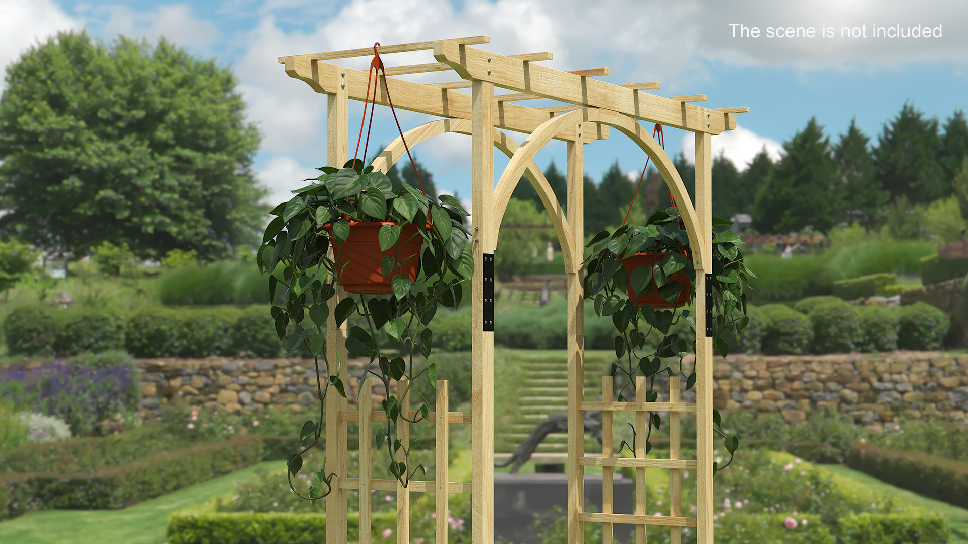 3D Garden Arch Trellis with Climbing Plants in Hanging Pots