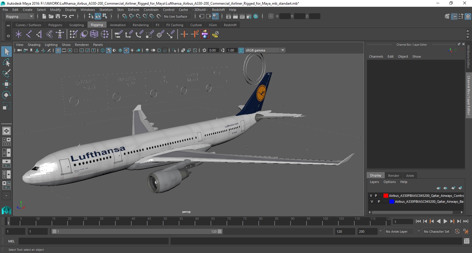 3D Lufthansa Airbus A330-200 Commercial Airliner Rigged for Maya