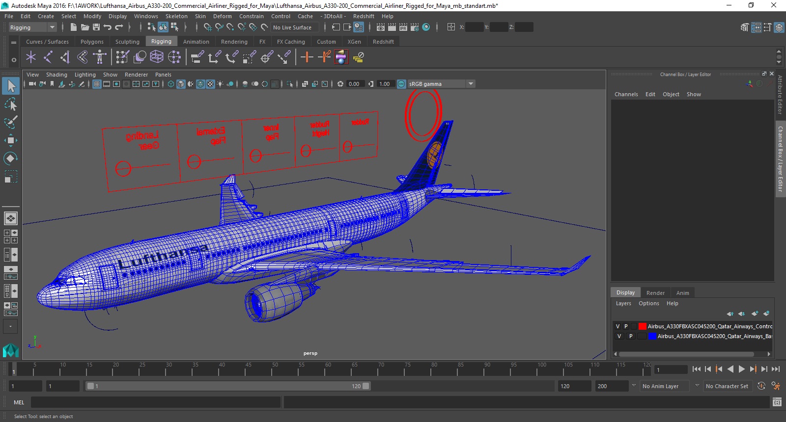 3D Lufthansa Airbus A330-200 Commercial Airliner Rigged for Maya