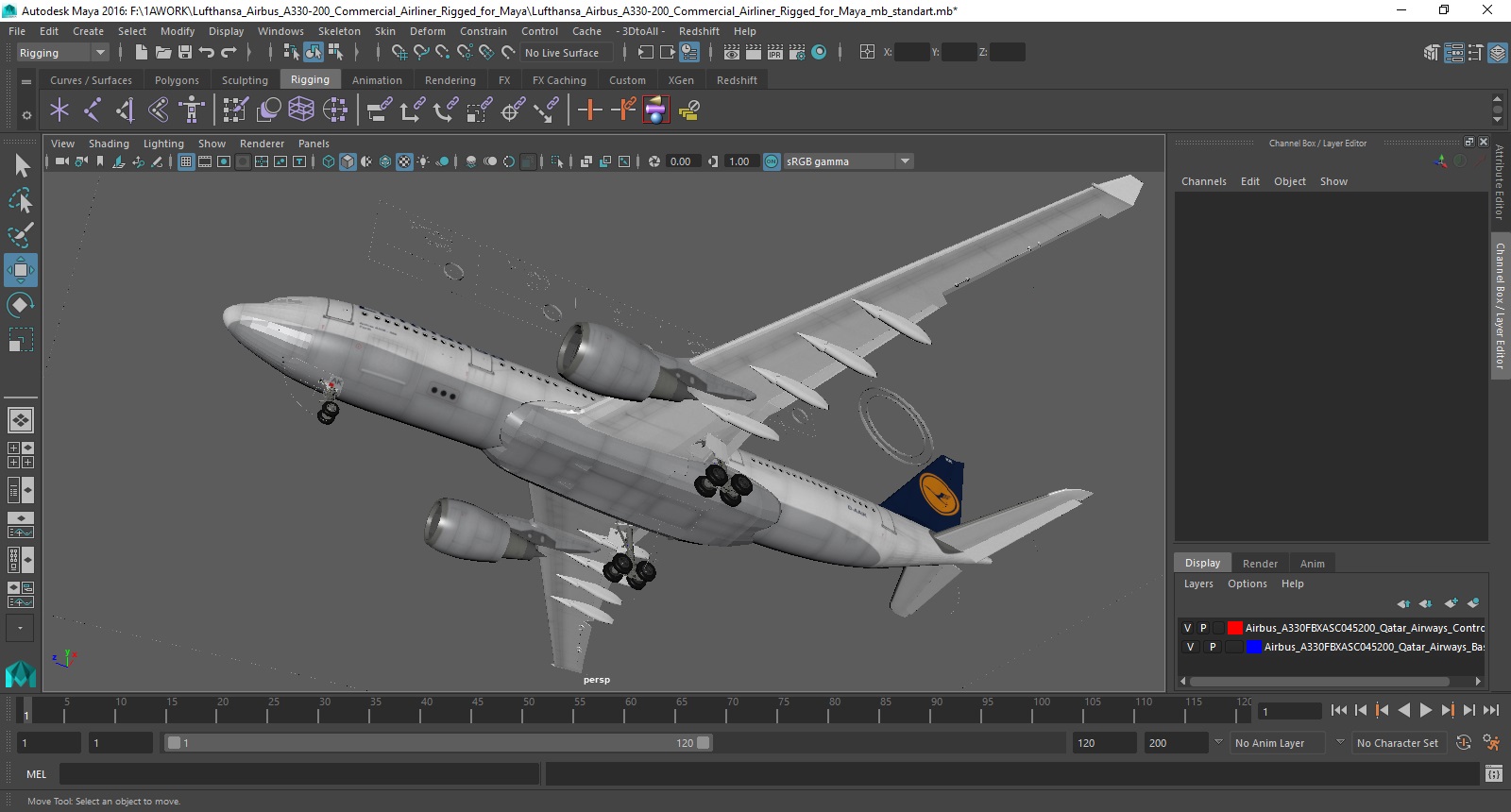 3D Lufthansa Airbus A330-200 Commercial Airliner Rigged for Maya