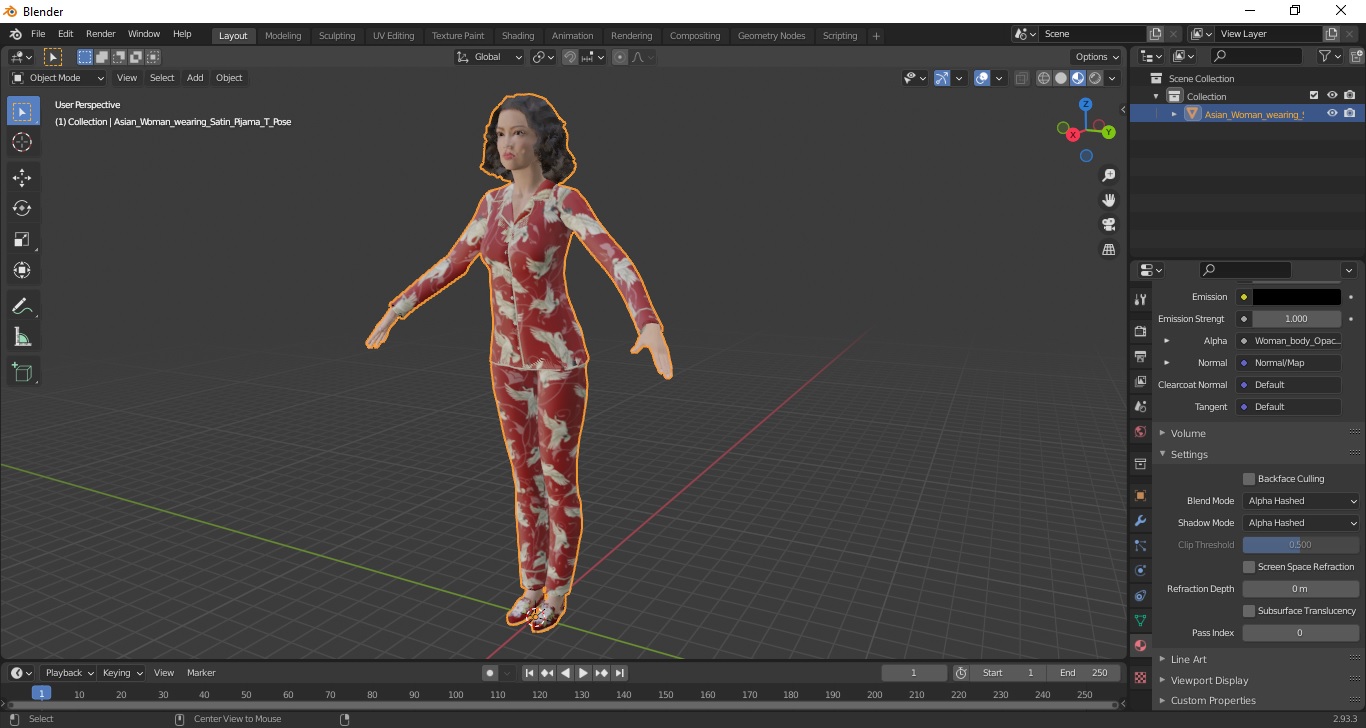 Asian Woman wearing Satin Pijama T Pose 3D model