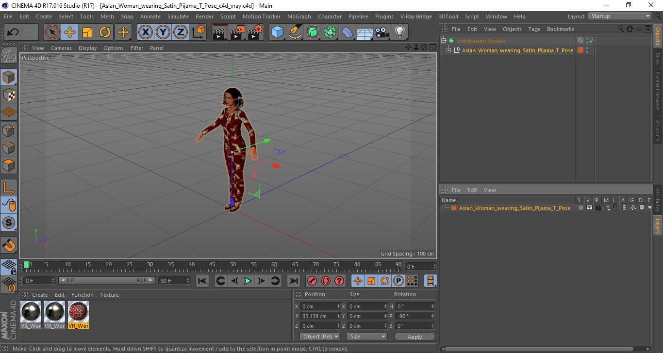 Asian Woman wearing Satin Pijama T Pose 3D model