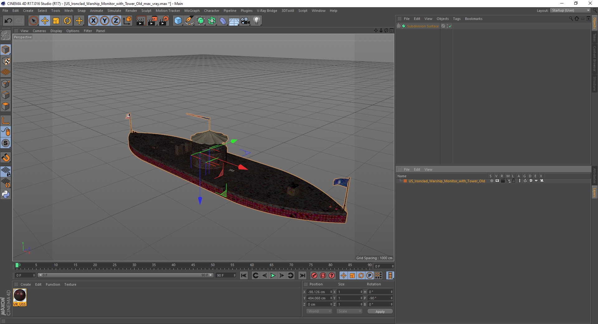 US Ironclad Warship Monitor with Tower Old 3D