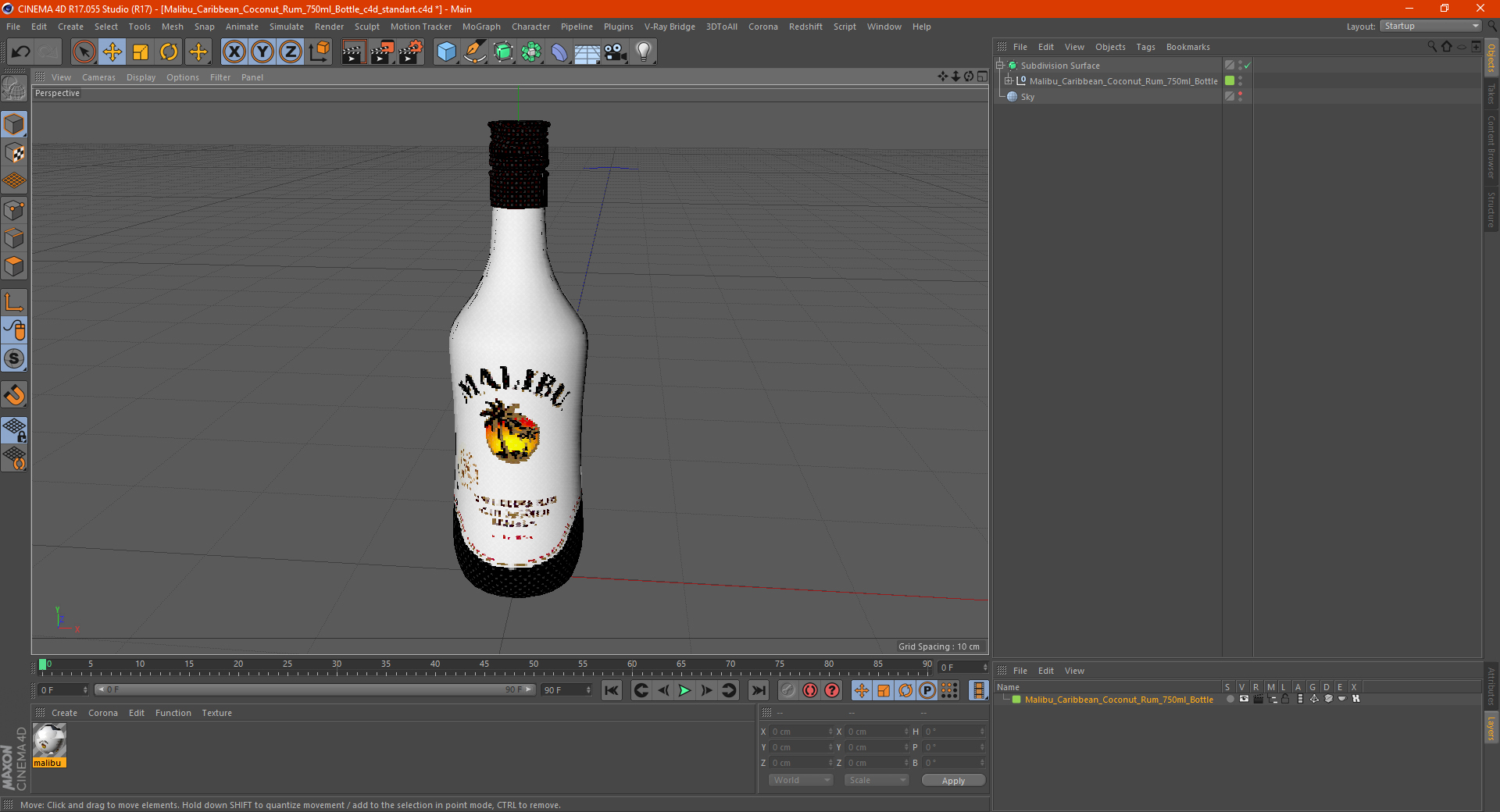 3D Malibu Caribbean Coconut Rum 750ml Bottle