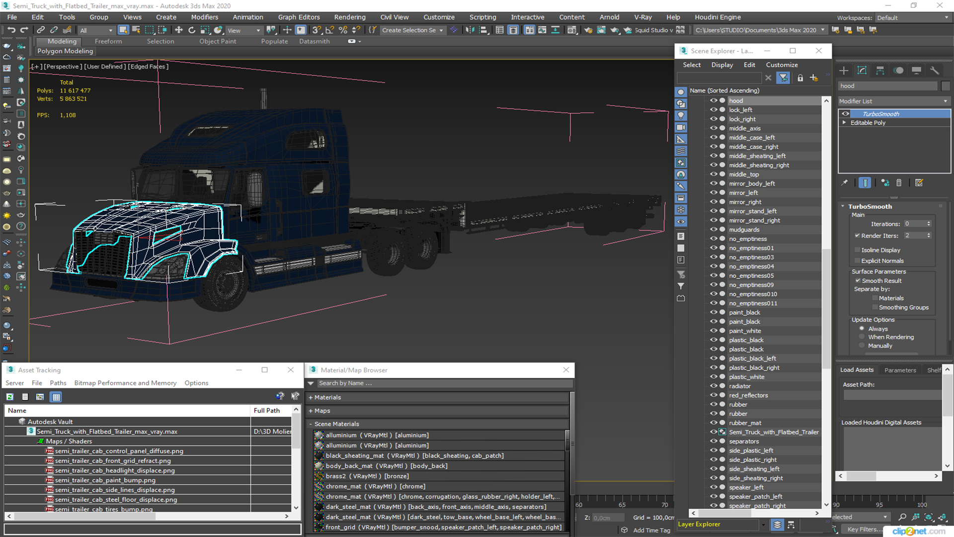 3D Semi Truck with Flatbed Trailer