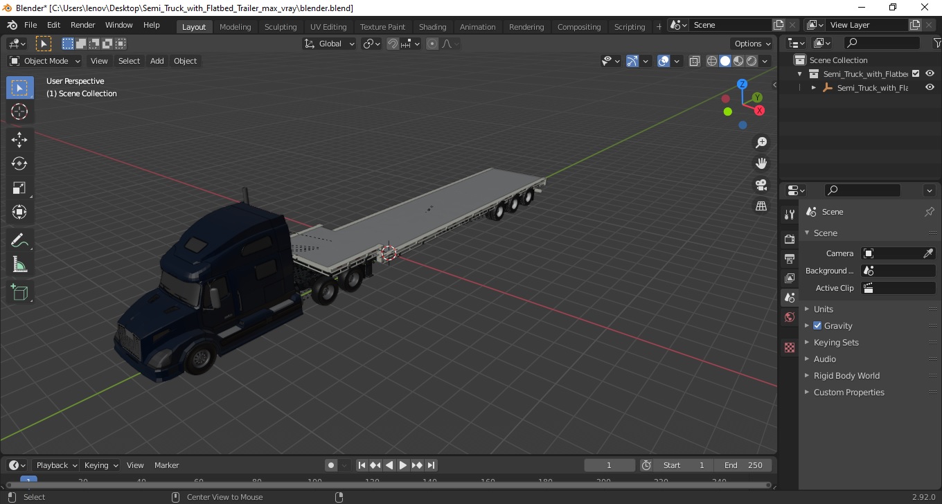 3D Semi Truck with Flatbed Trailer
