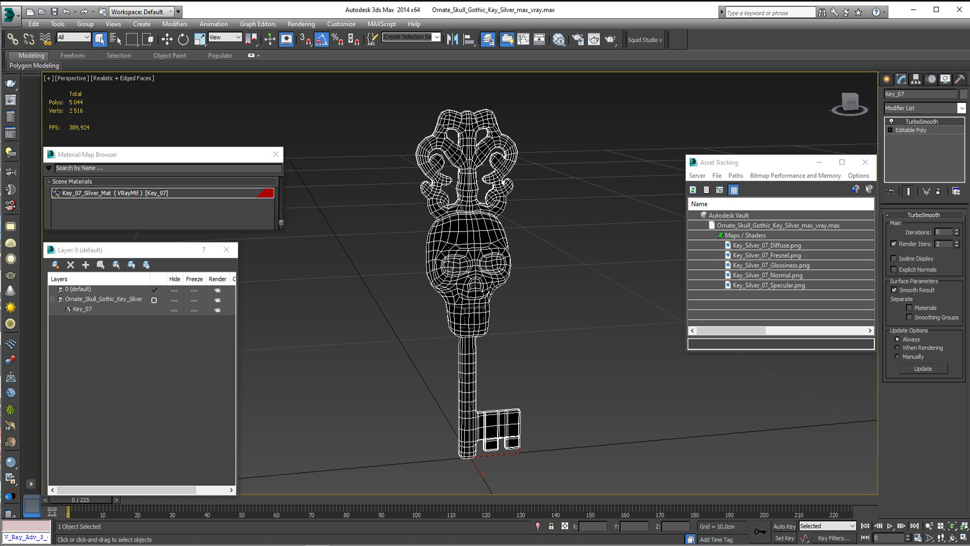 3D model Ornate Skull Gothic Key Silver