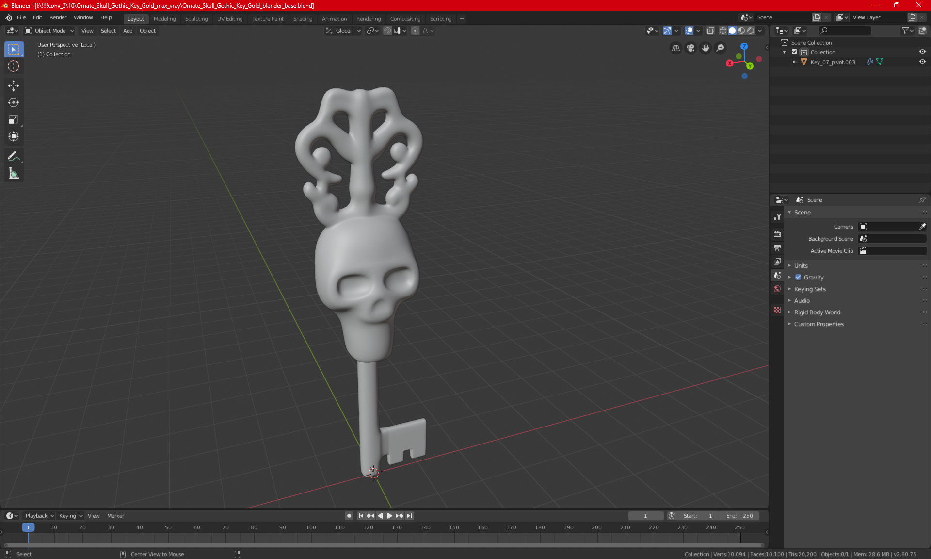 3D model Ornate Skull Gothic Key Silver