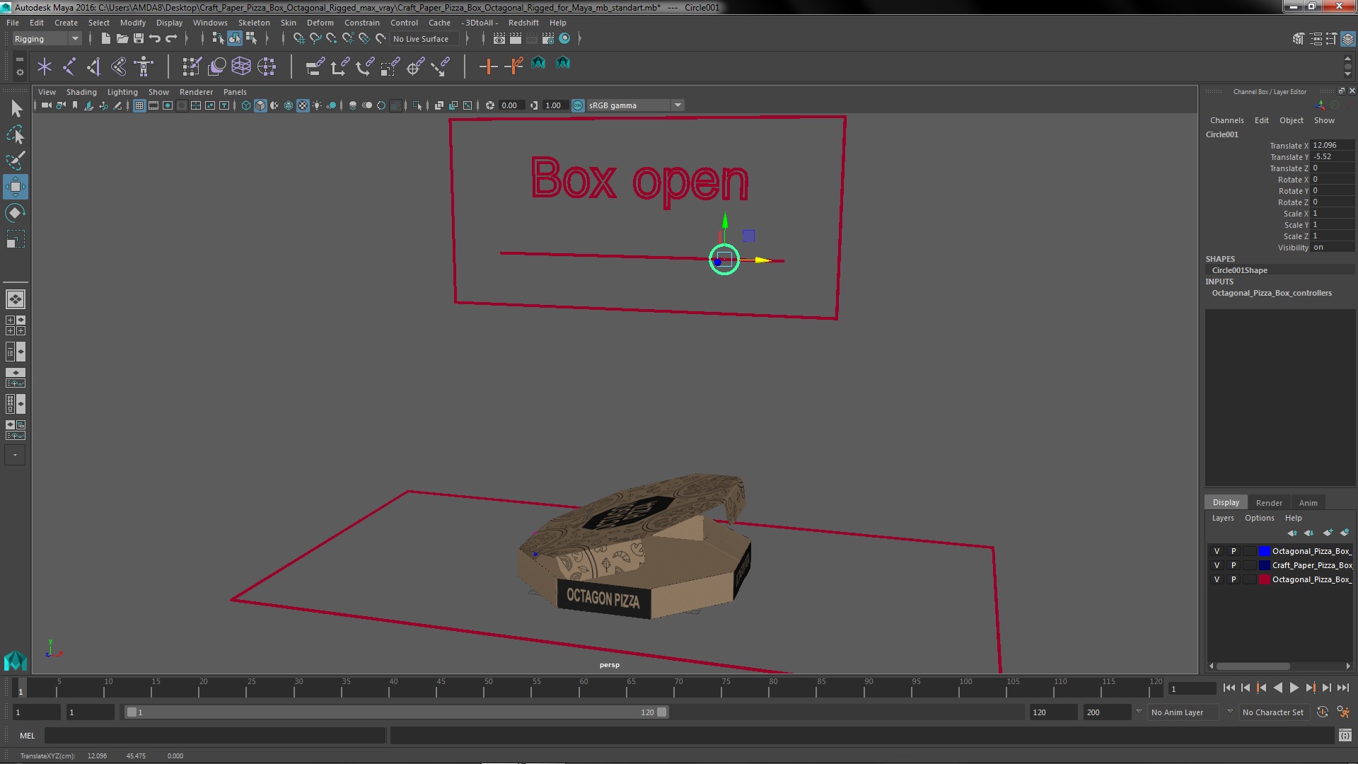 Craft Paper Pizza Box Octagonal Rigged for Maya 3D