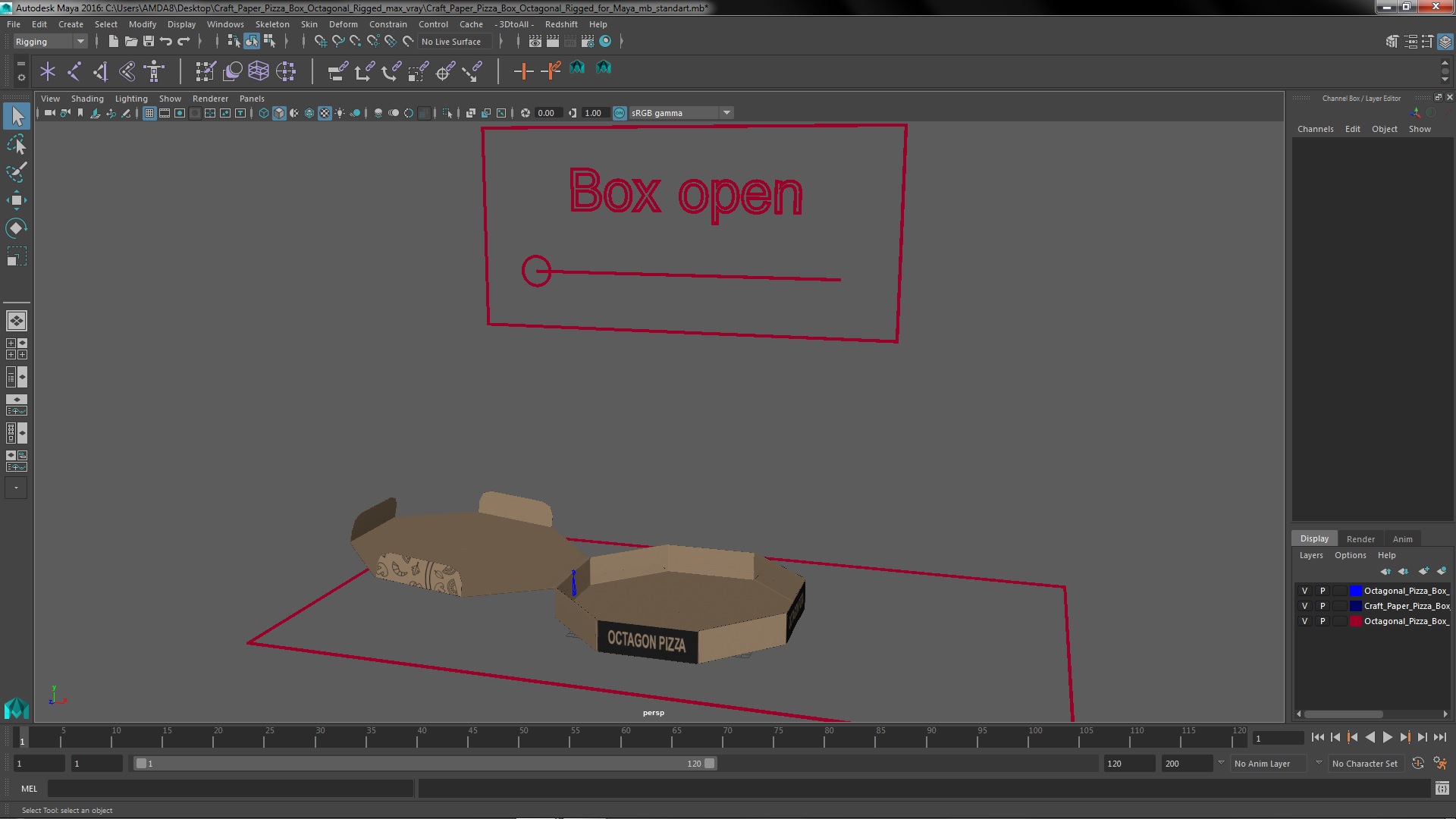 Craft Paper Pizza Box Octagonal Rigged for Maya 3D