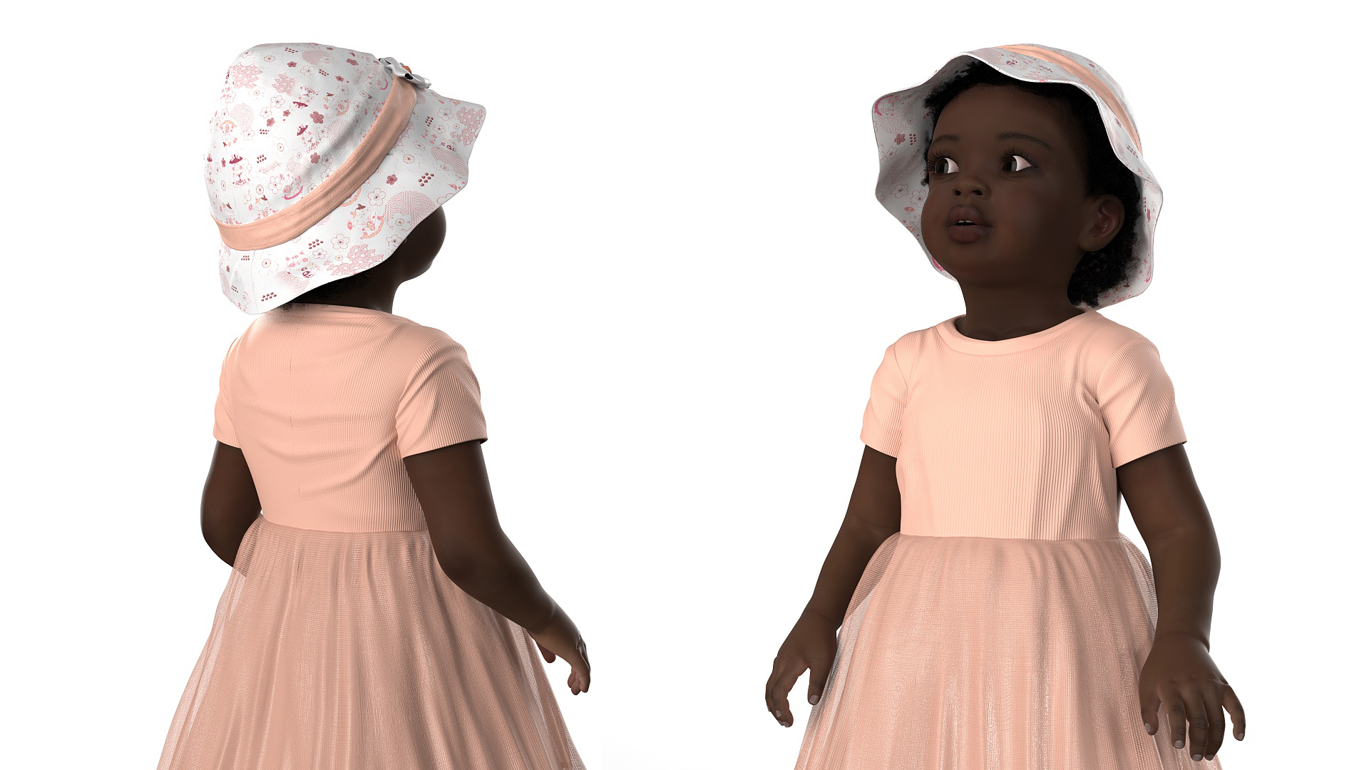 Little African Girl in Summer Outfit Fur Rigged 3D