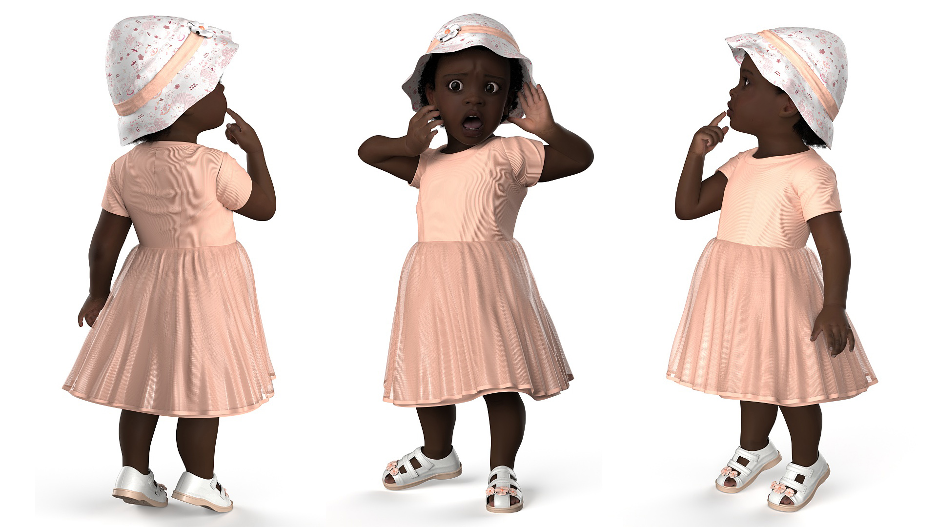 Little African Girl in Summer Outfit Fur Rigged 3D
