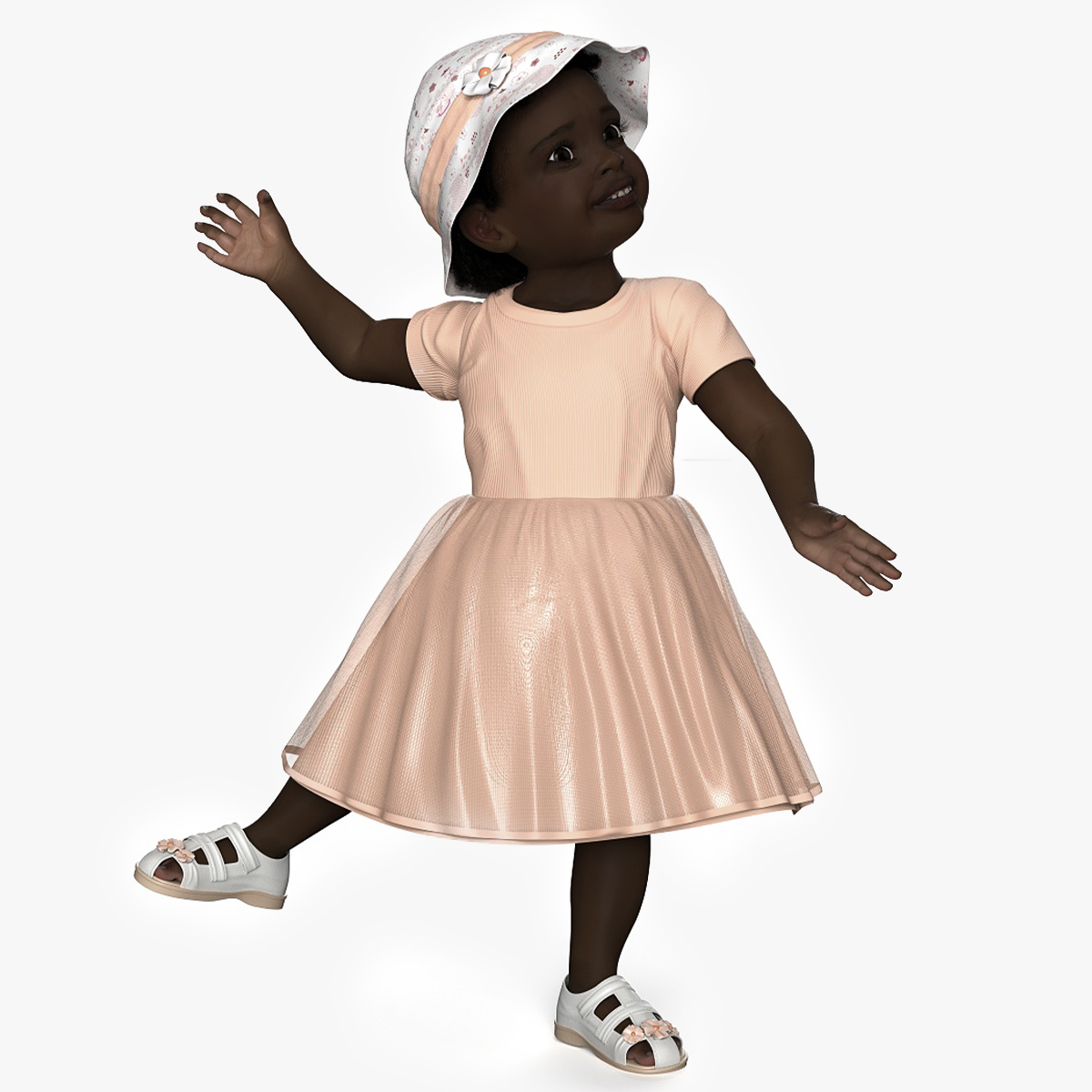 Little African Girl in Summer Outfit Fur Rigged 3D