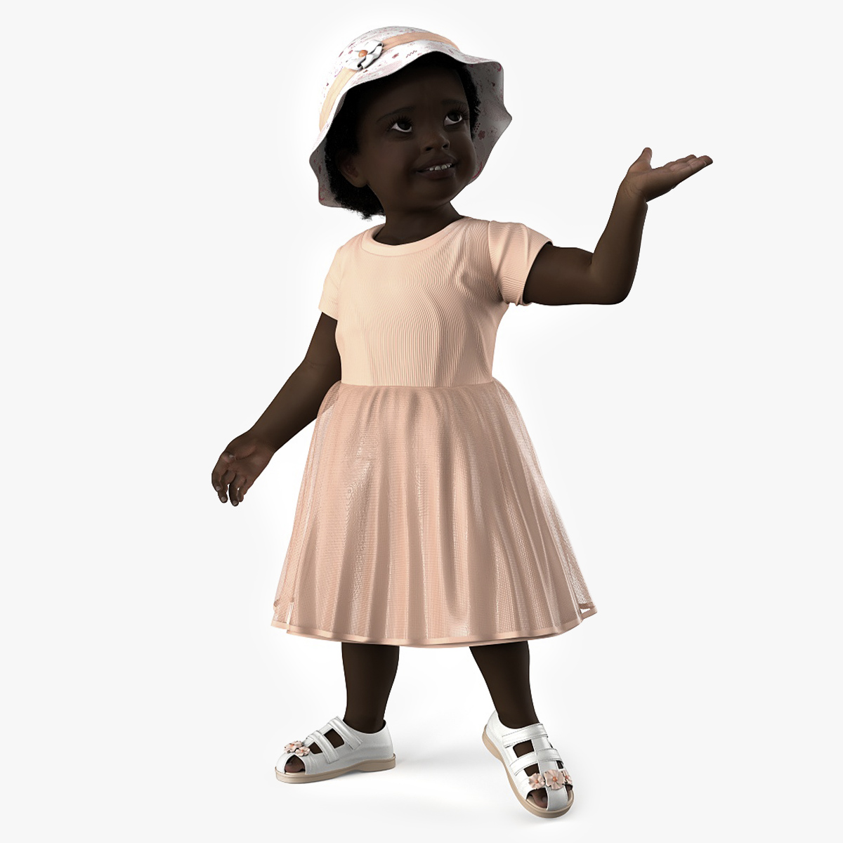Little African Girl in Summer Outfit Fur Rigged 3D