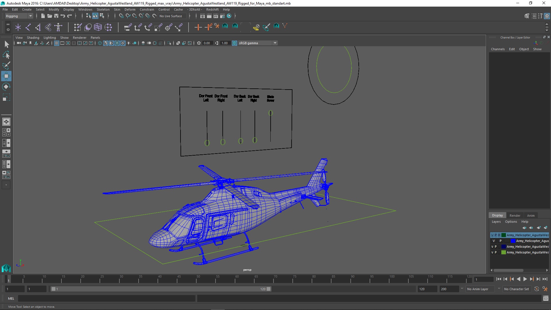 Army Helicopter AgustaWestland AW119 Rigged for Maya 3D