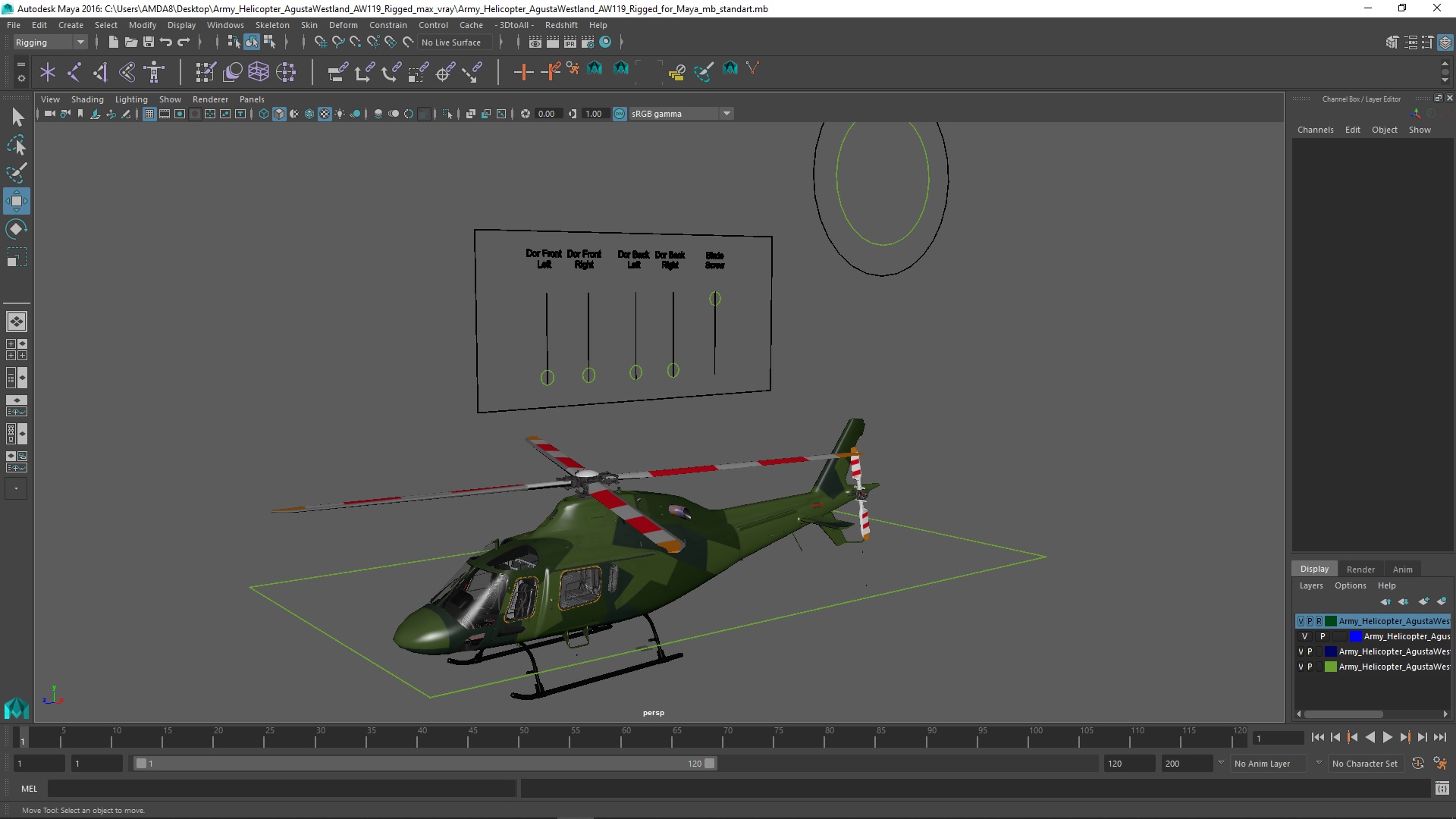 Army Helicopter AgustaWestland AW119 Rigged for Maya 3D