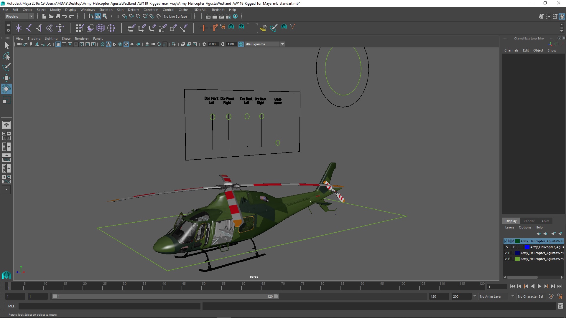 Army Helicopter AgustaWestland AW119 Rigged for Maya 3D